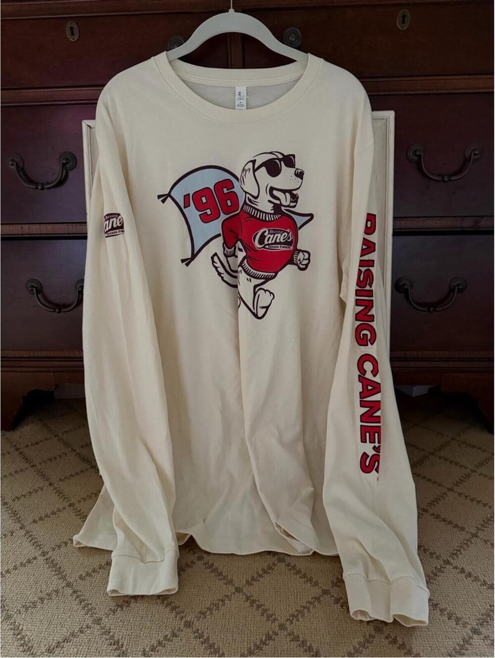 Bella + Canvas Raising Cane’s 96 Dog long sleeved cream T-shirt XL NWOT